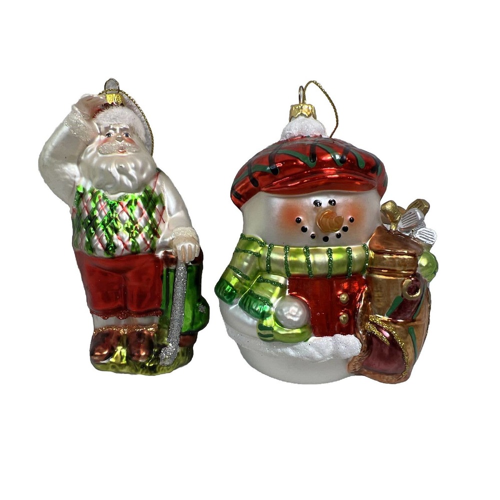 Christmas Glass Santa Playing Golf Ornament & Gold Snowman! EUC!